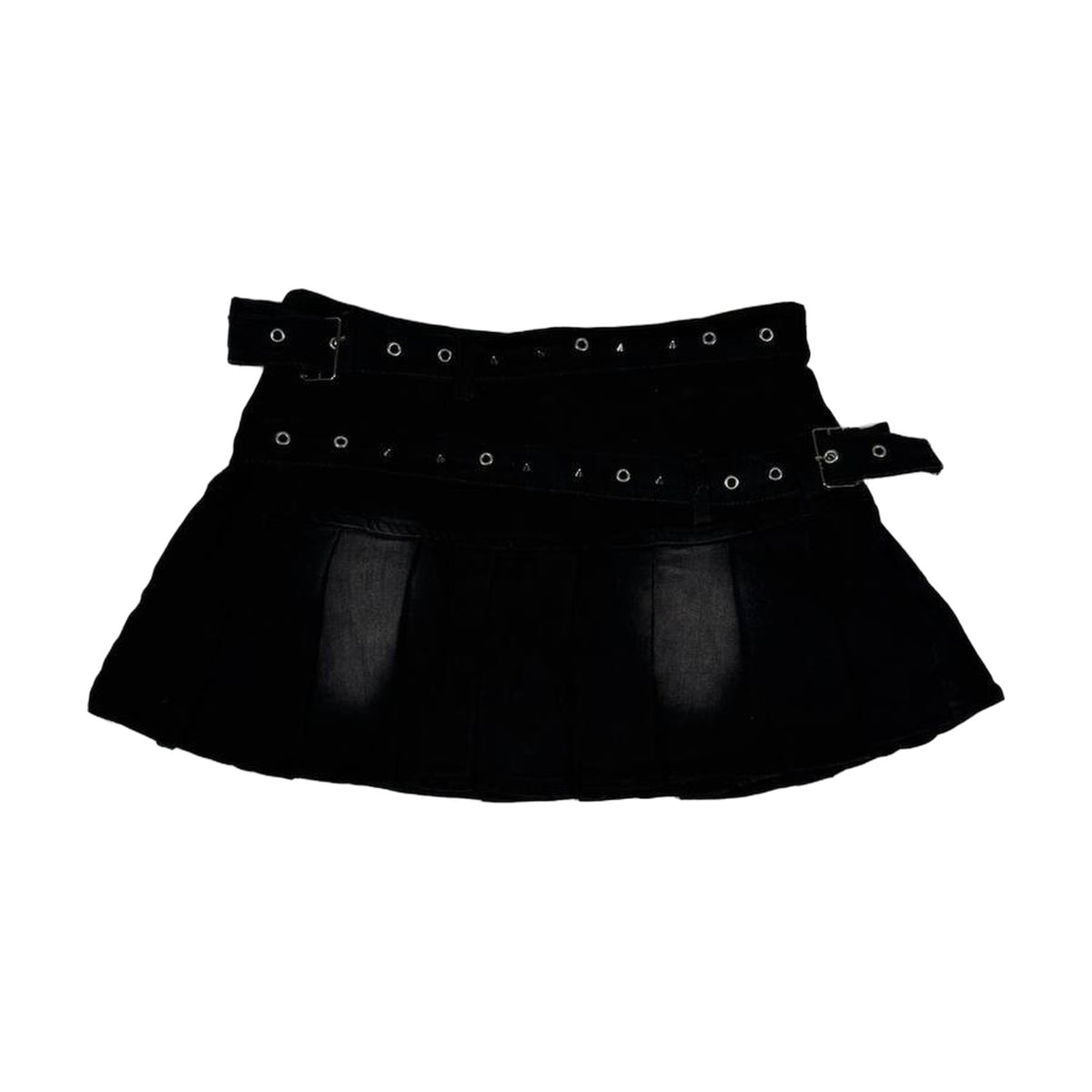 Pleated Belted Denim Mini Skirt — Black