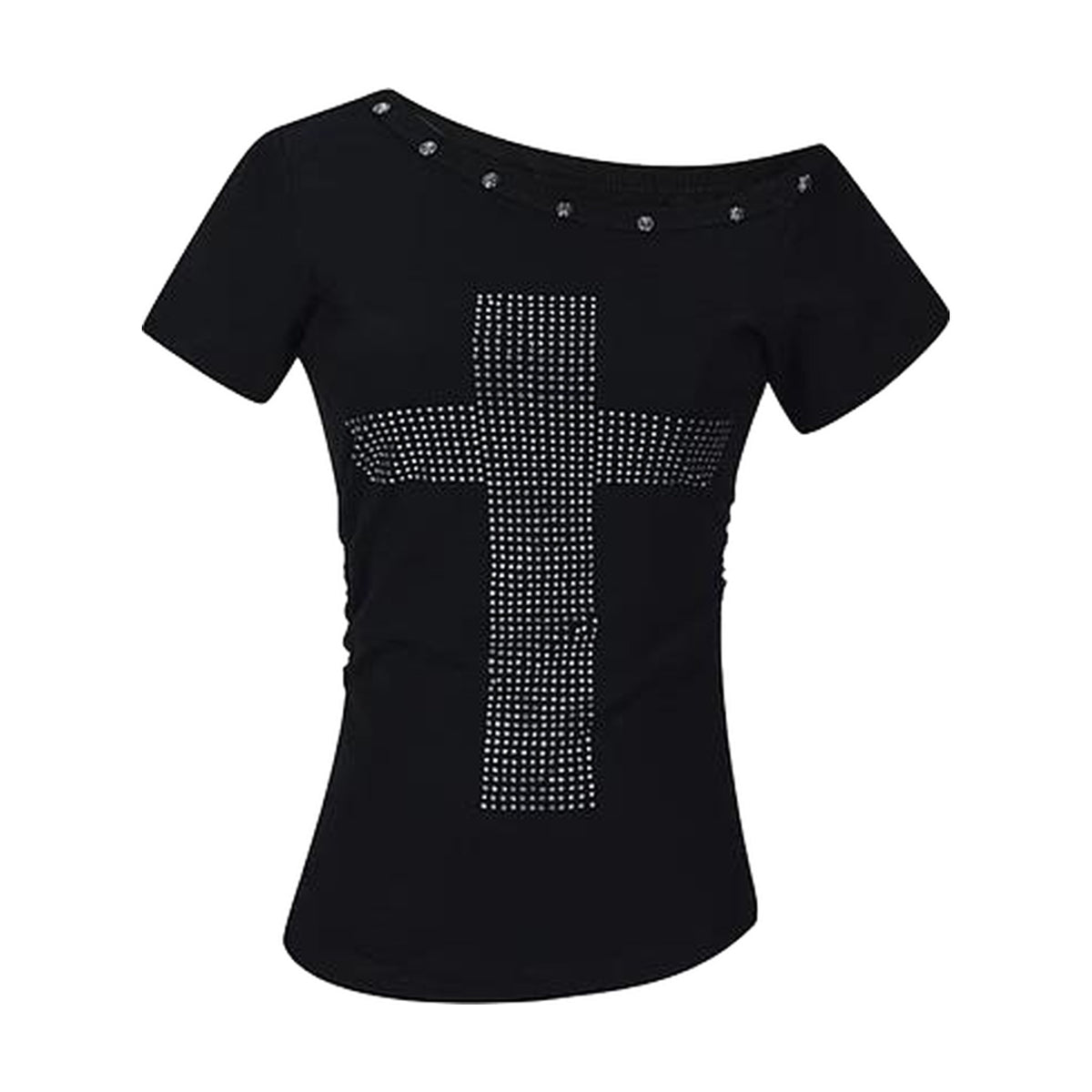 Rhinestone Cross Off-Shoulder Top — Black
