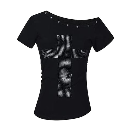 Rhinestone Cross Off-Shoulder Top — Black