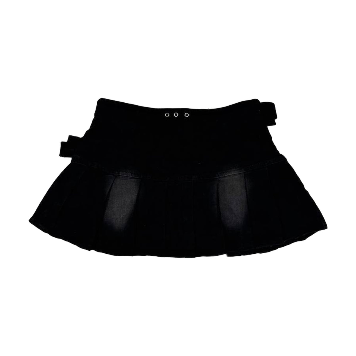 Pleated Belted Denim Mini Skirt — Black