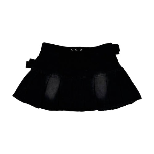 Pleated Belted Denim Mini Skirt — Black