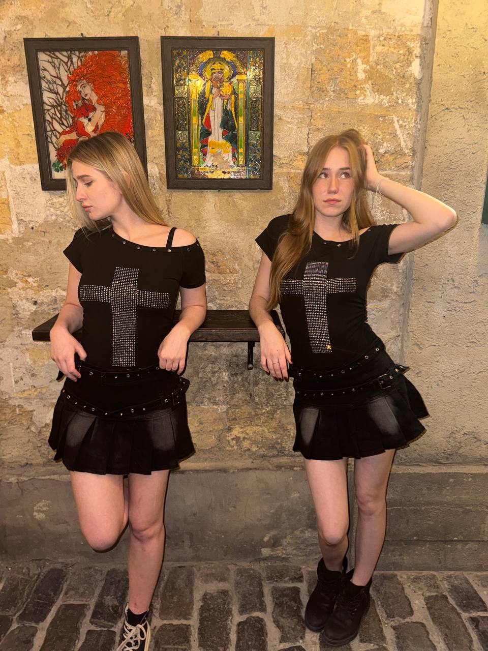 Rhinestone Cross Off-Shoulder Top — Black