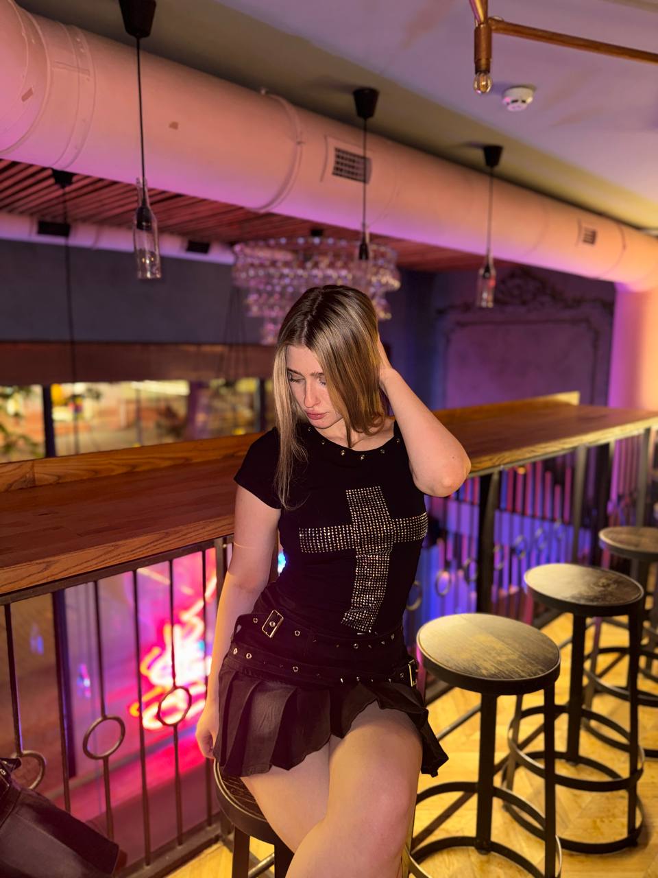 Rhinestone Cross Off-Shoulder Top — Black