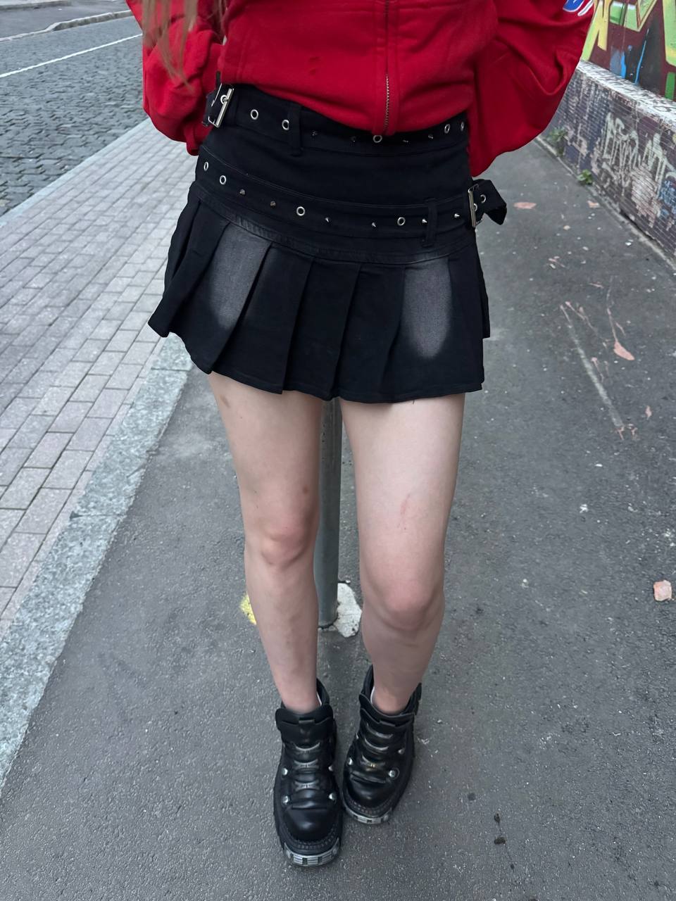 Pleated Belted Denim Mini Skirt — Black