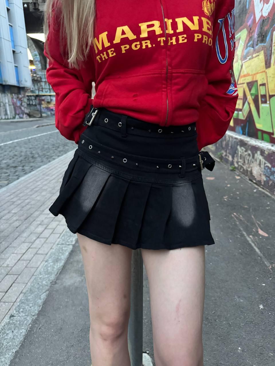 Pleated Belted Denim Mini Skirt — Black