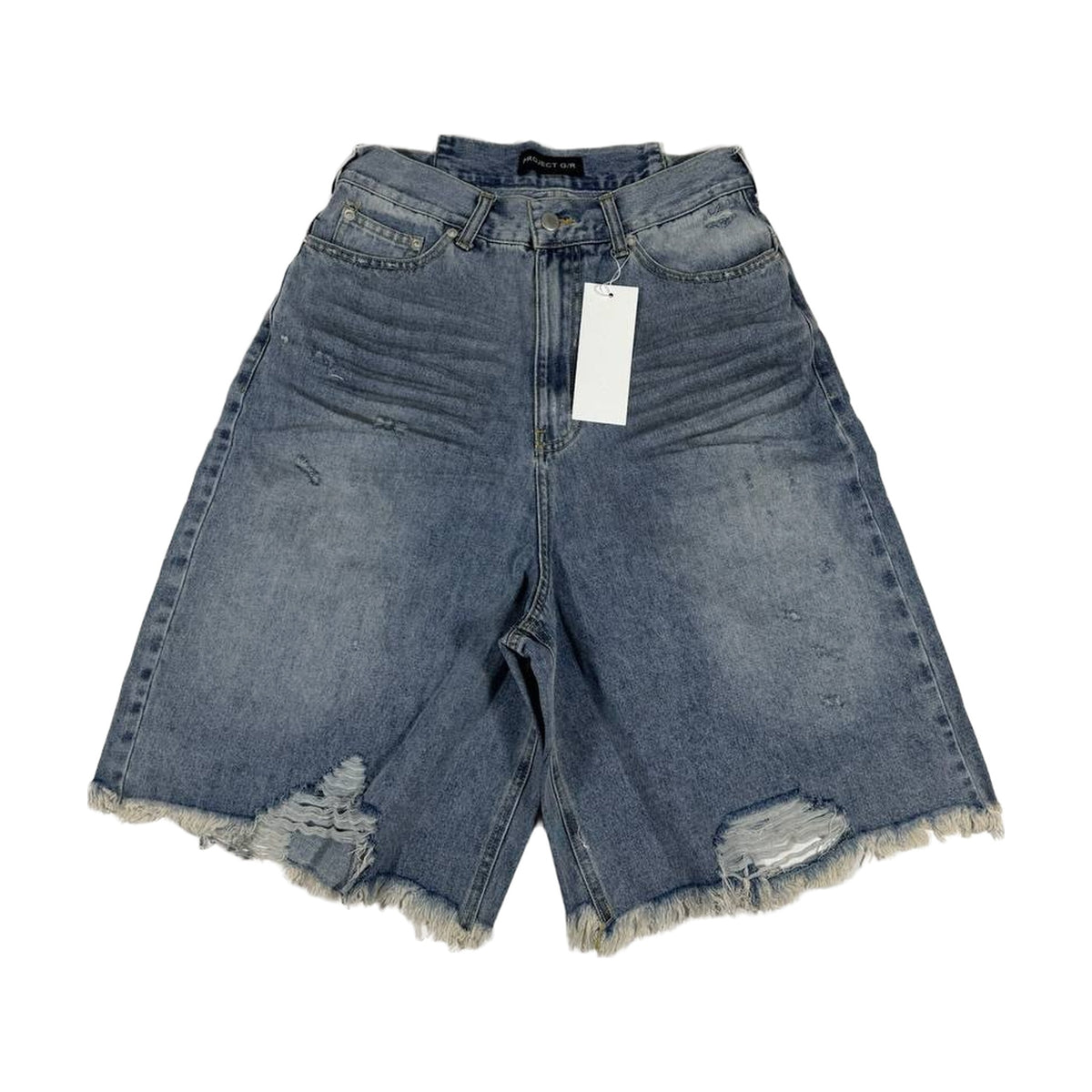 Project G/R Distressed Tassel Denim Shorts — Light Blue